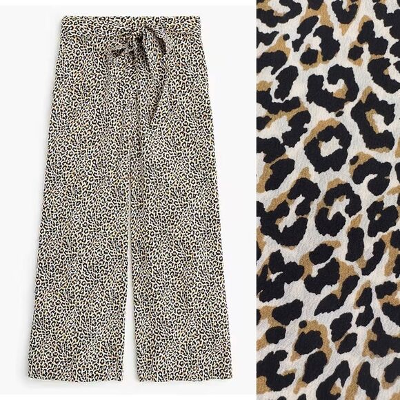 J. Crew 100% Silk Wide Leg Waist Tie Cropped Pant in Leopard Print Size 0 - Picture 1 of 11